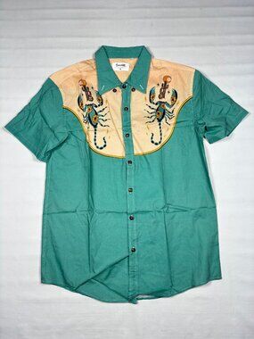 Boozelele Western Cactus & Scorpions Shirt Medium Teal Orange Cotton Retro NWOT
